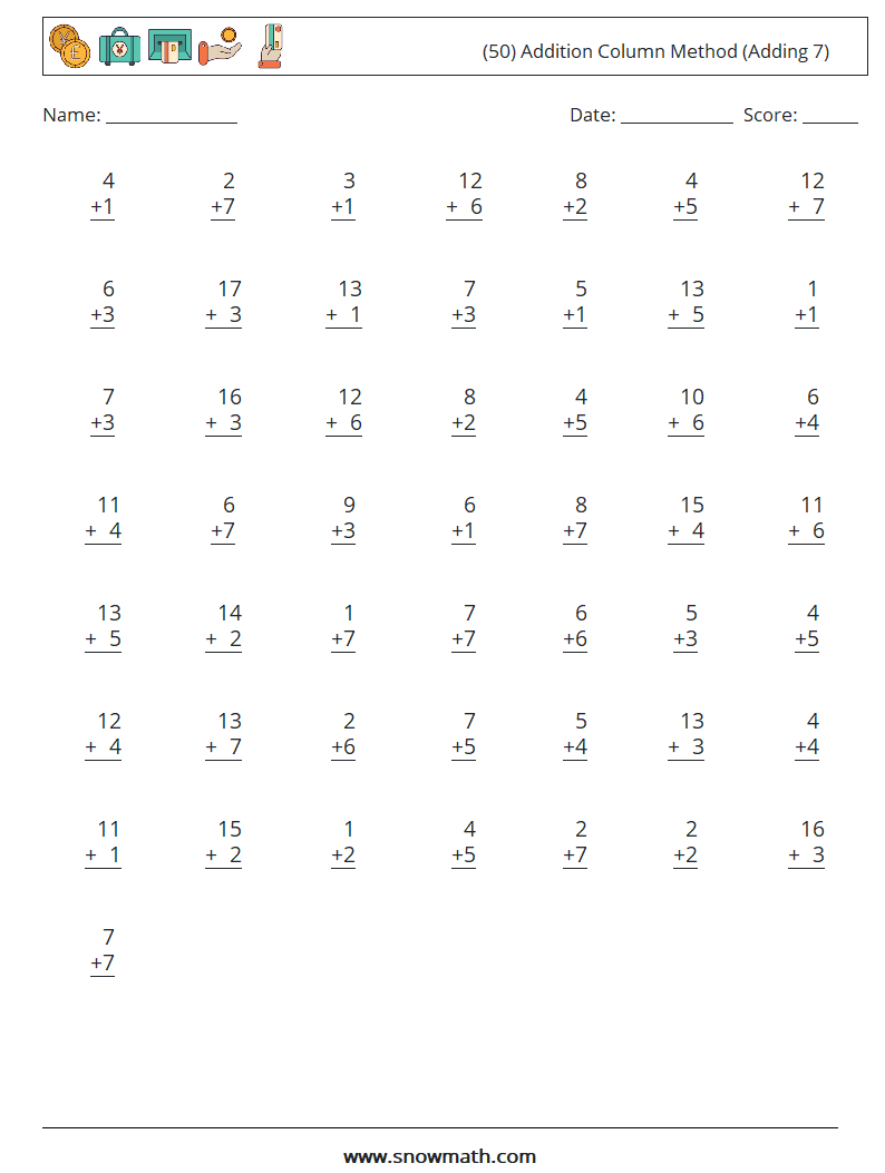 (50) Addition Column Method (Adding 7) Math Worksheets 10