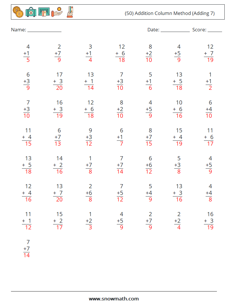 (50) Addition Column Method (Adding 7) Math Worksheets 10 Question, Answer