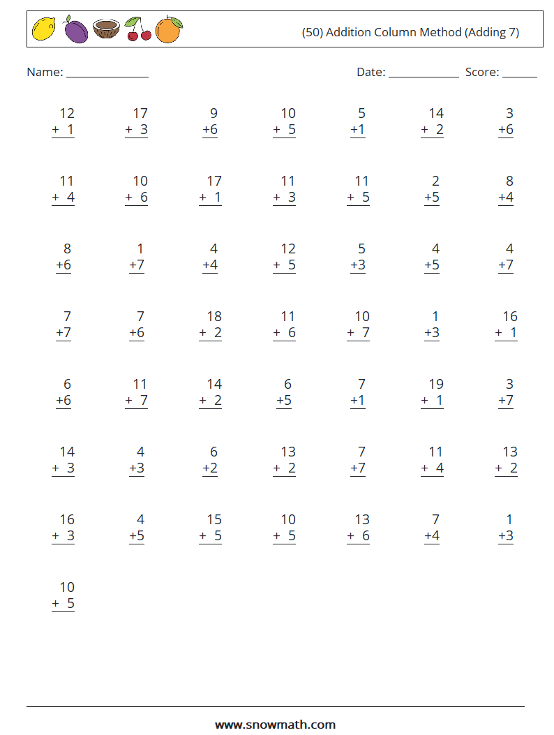 (50) Addition Column Method (Adding 7) Math Worksheets 11