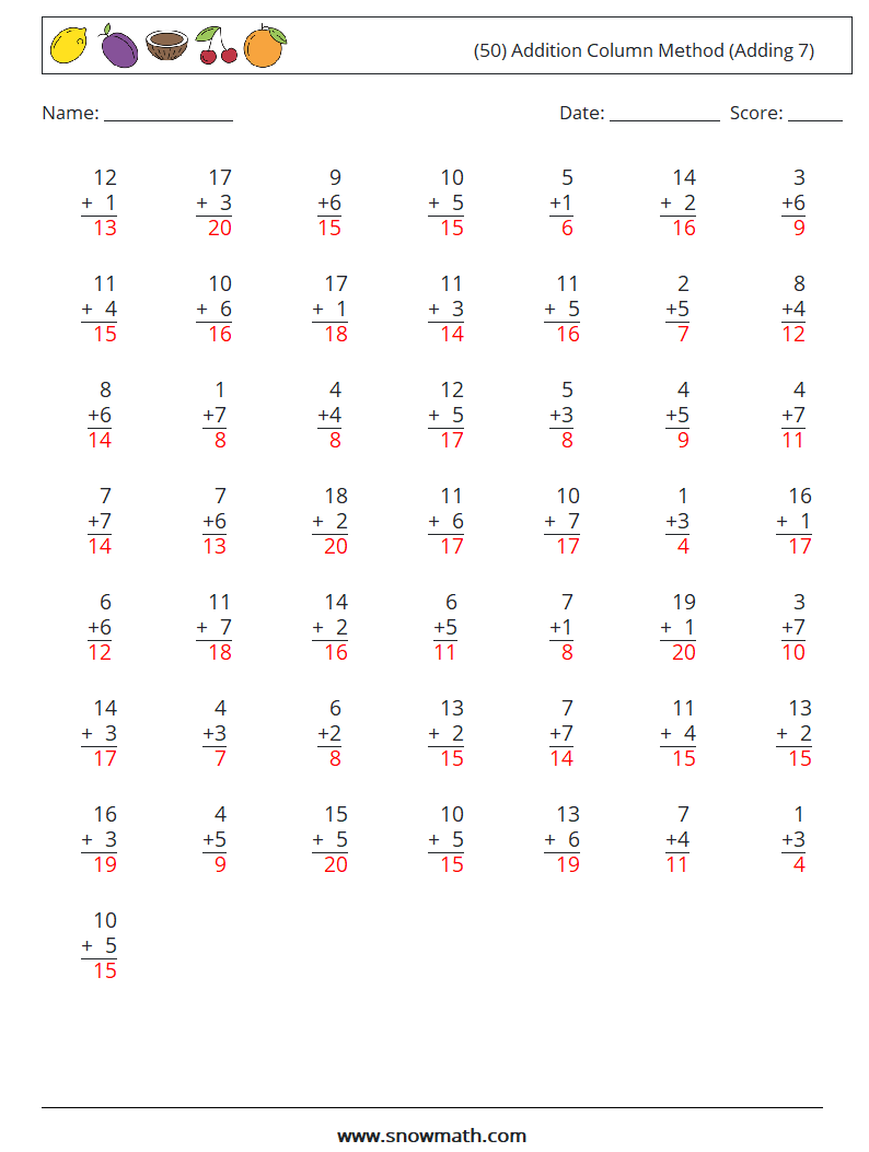 (50) Addition Column Method (Adding 7) Math Worksheets 11 Question, Answer