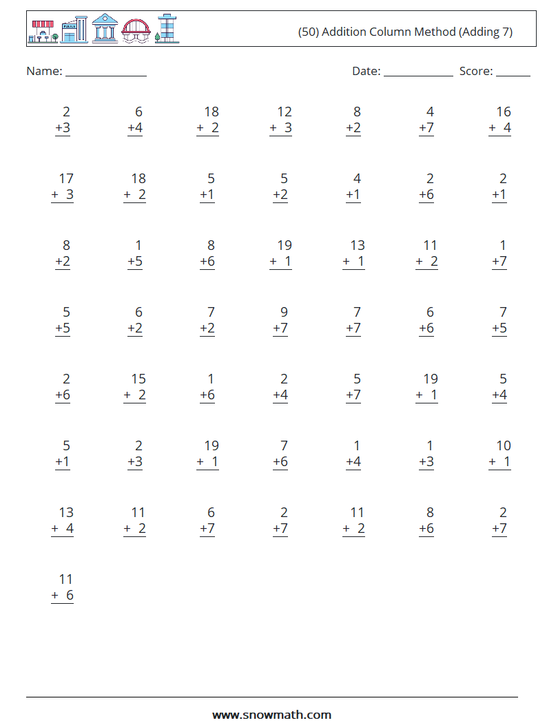 (50) Addition Column Method (Adding 7) Math Worksheets 12