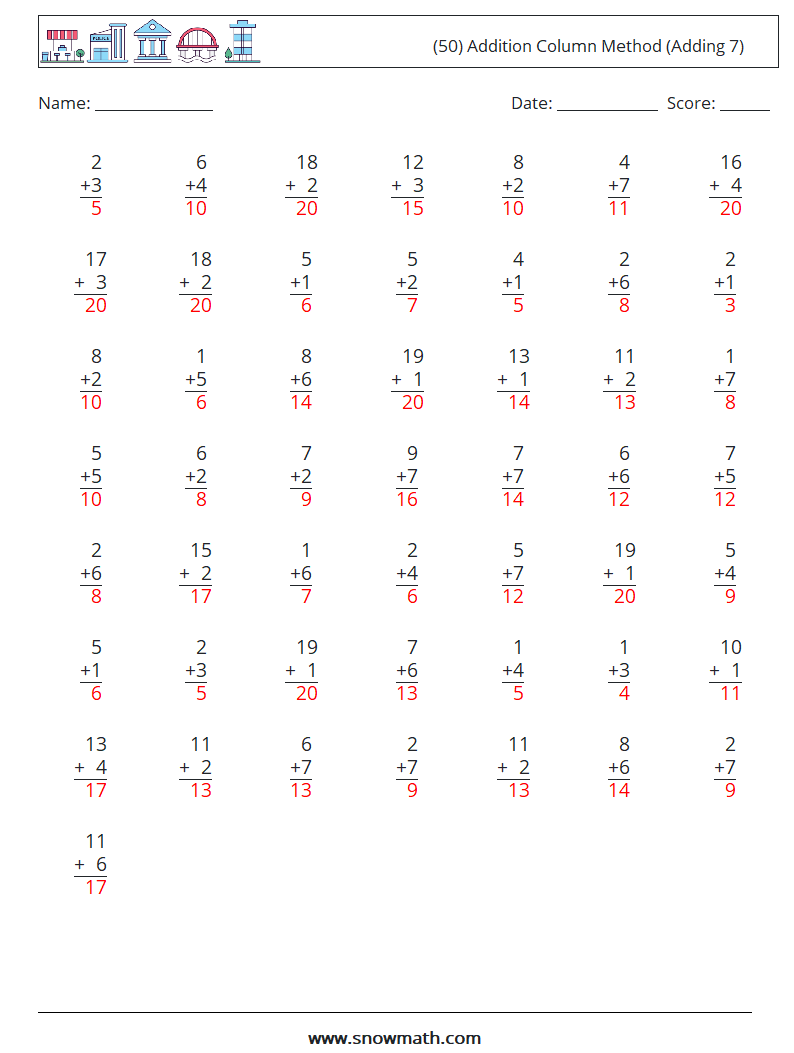(50) Addition Column Method (Adding 7) Math Worksheets 12 Question, Answer