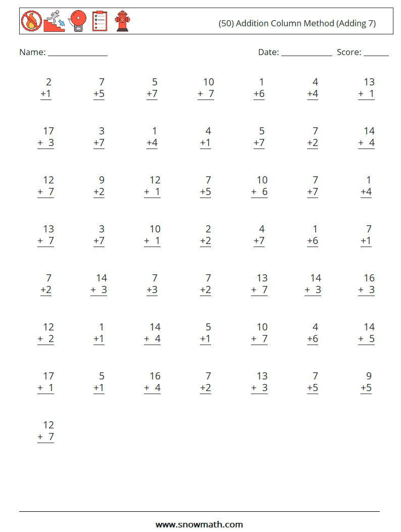 (50) Addition Column Method (Adding 7) Math Worksheets 13