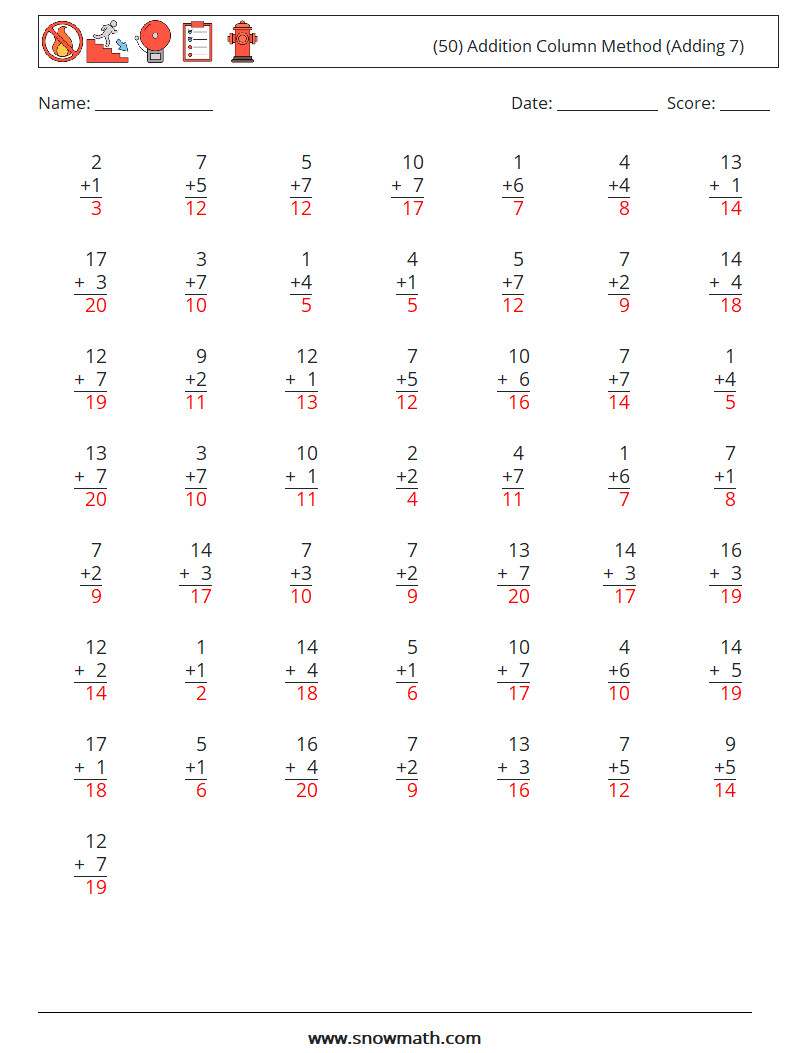 (50) Addition Column Method (Adding 7) Math Worksheets 13 Question, Answer