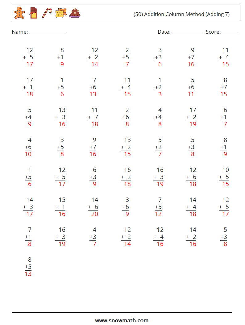 (50) Addition Column Method (Adding 7) Math Worksheets 14 Question, Answer