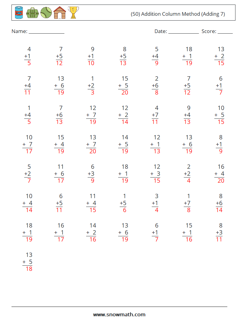 (50) Addition Column Method (Adding 7) Math Worksheets 15 Question, Answer
