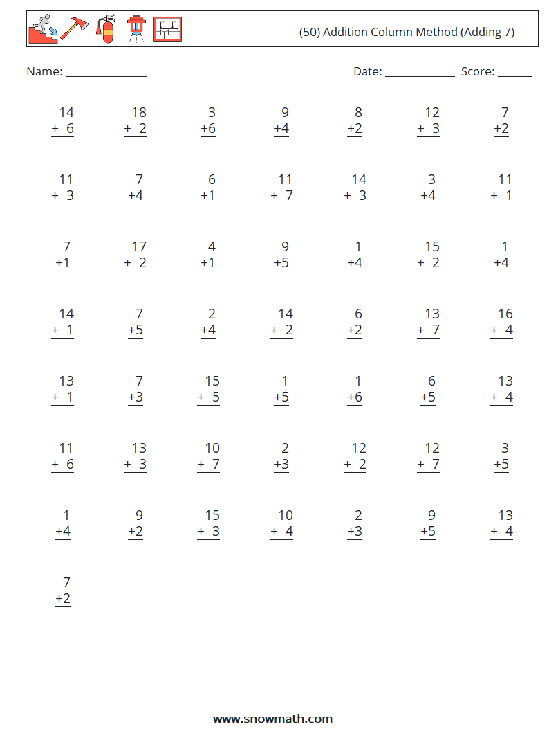 (50) Addition Column Method (Adding 7) Math Worksheets 16