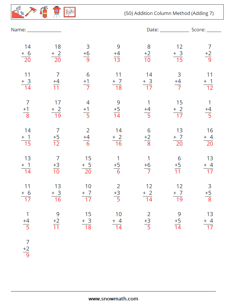 (50) Addition Column Method (Adding 7) Math Worksheets 16 Question, Answer