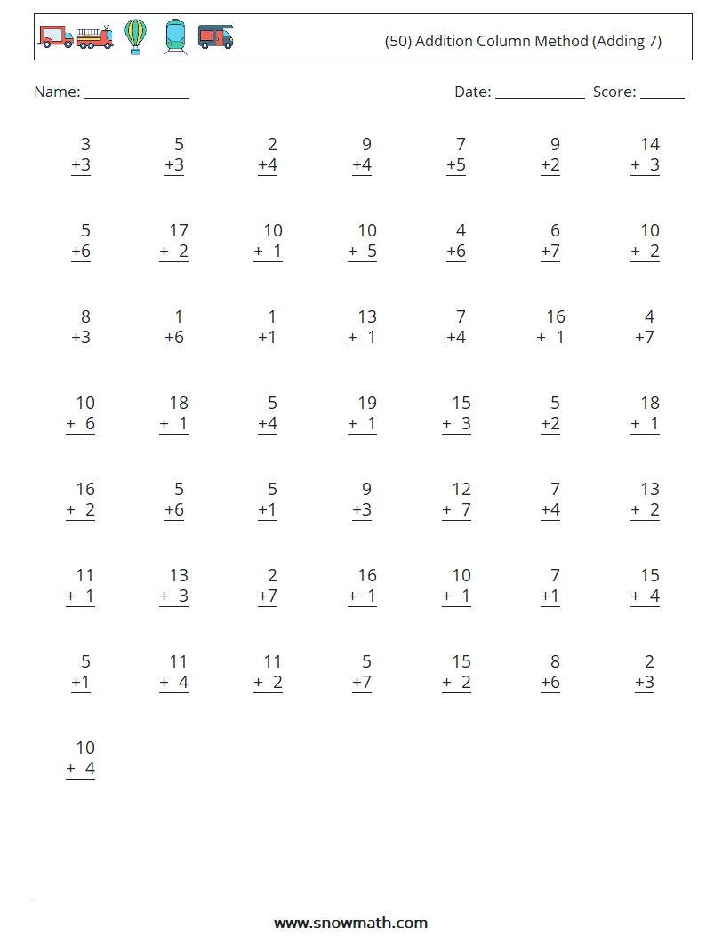 (50) Addition Column Method (Adding 7) Math Worksheets 17