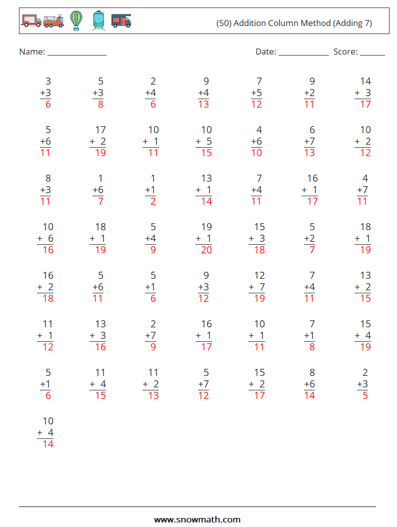 (50) Addition Column Method (Adding 7) Math Worksheets 17 Question, Answer