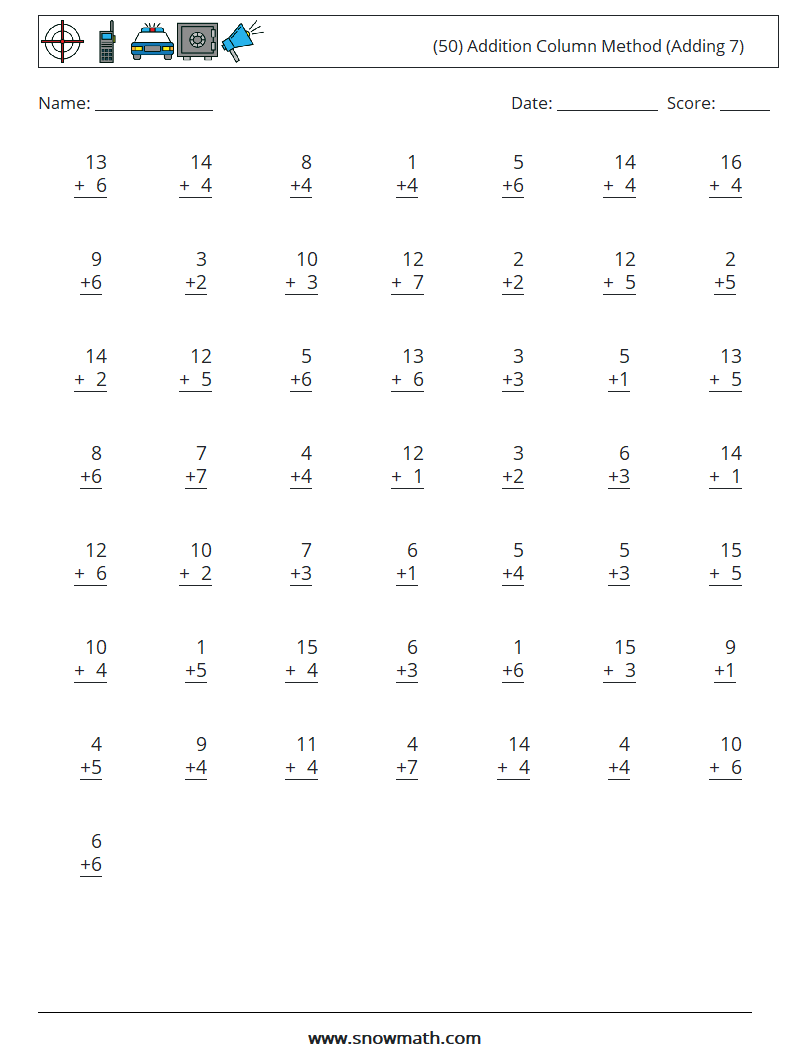 (50) Addition Column Method (Adding 7) Math Worksheets 18