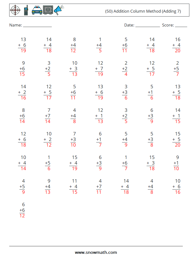 (50) Addition Column Method (Adding 7) Math Worksheets 18 Question, Answer