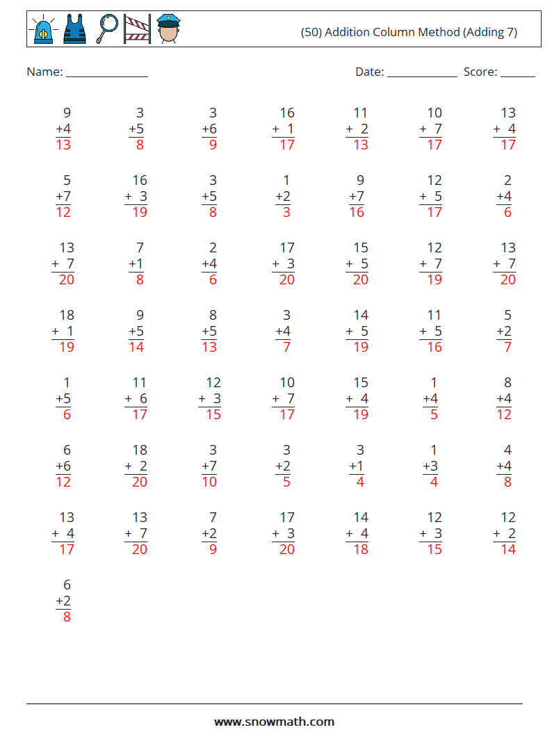 (50) Addition Column Method (Adding 7) Math Worksheets 1 Question, Answer