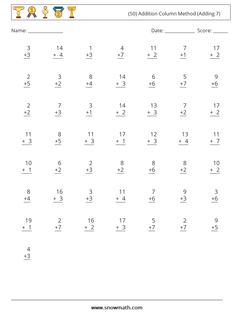 (50) Addition Column Method (Adding 7) Math Worksheets 2