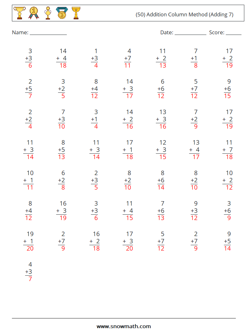 (50) Addition Column Method (Adding 7) Math Worksheets 2 Question, Answer