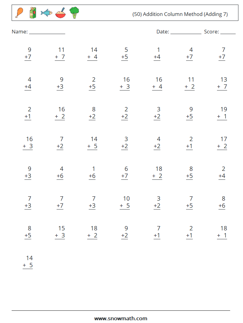 (50) Addition Column Method (Adding 7) Math Worksheets 3