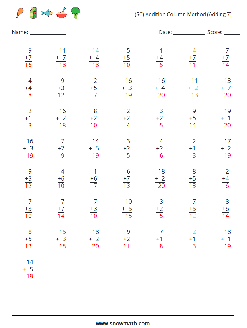 (50) Addition Column Method (Adding 7) Math Worksheets 3 Question, Answer