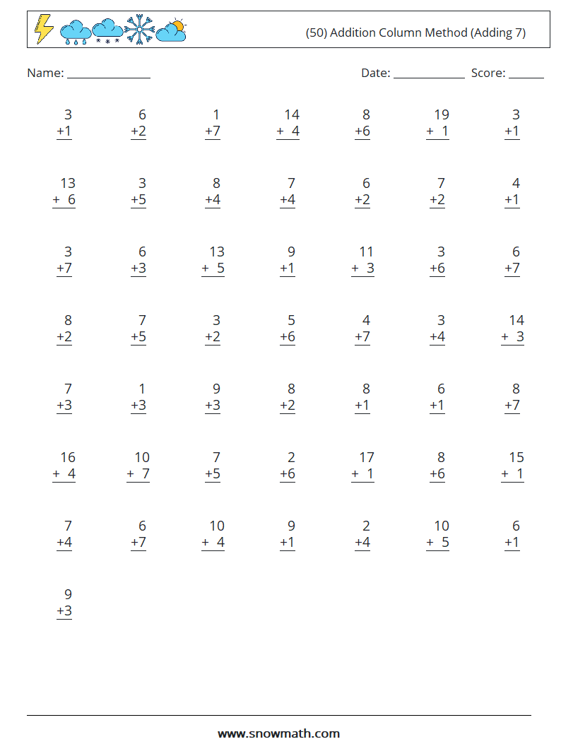 (50) Addition Column Method (Adding 7) Math Worksheets 4
