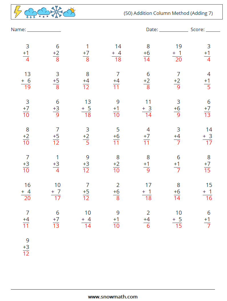 (50) Addition Column Method (Adding 7) Math Worksheets 4 Question, Answer