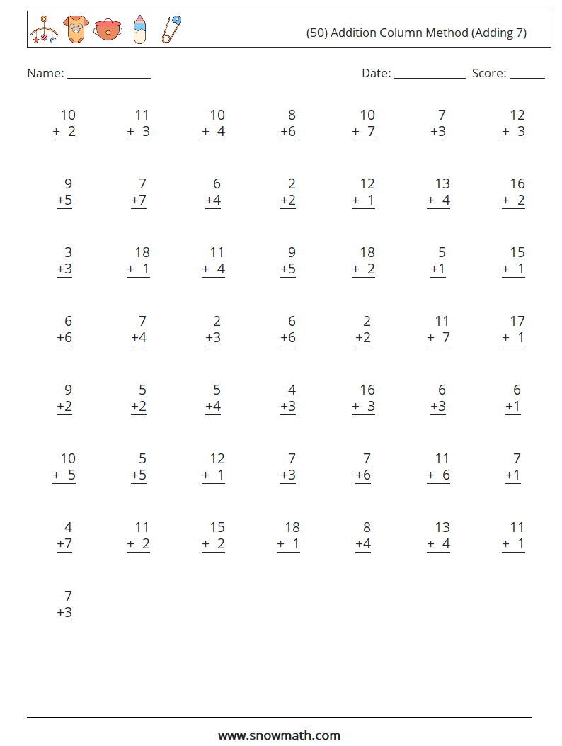 (50) Addition Column Method (Adding 7) Math Worksheets 5