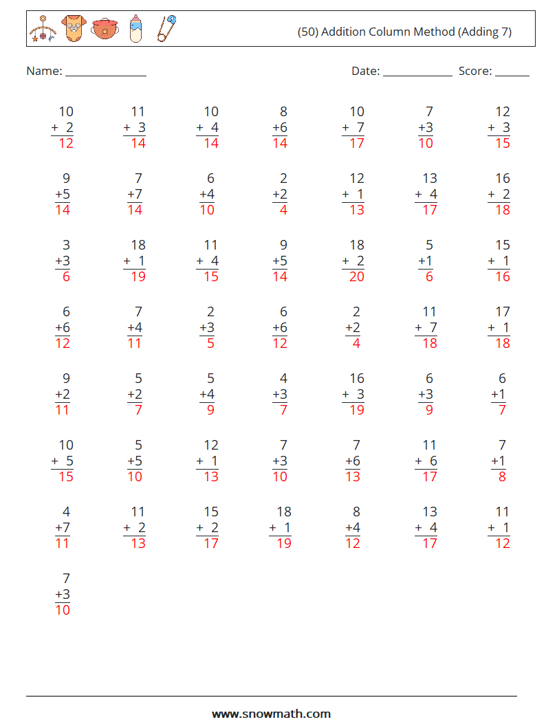 (50) Addition Column Method (Adding 7) Math Worksheets 5 Question, Answer