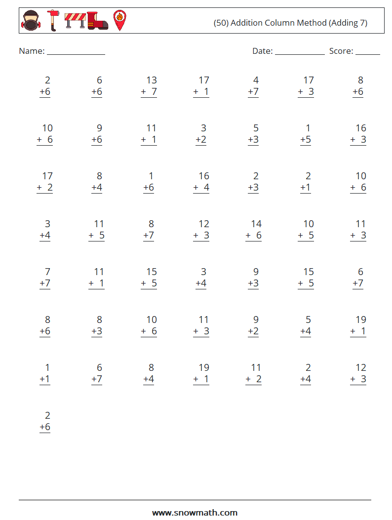 (50) Addition Column Method (Adding 7) Math Worksheets 6