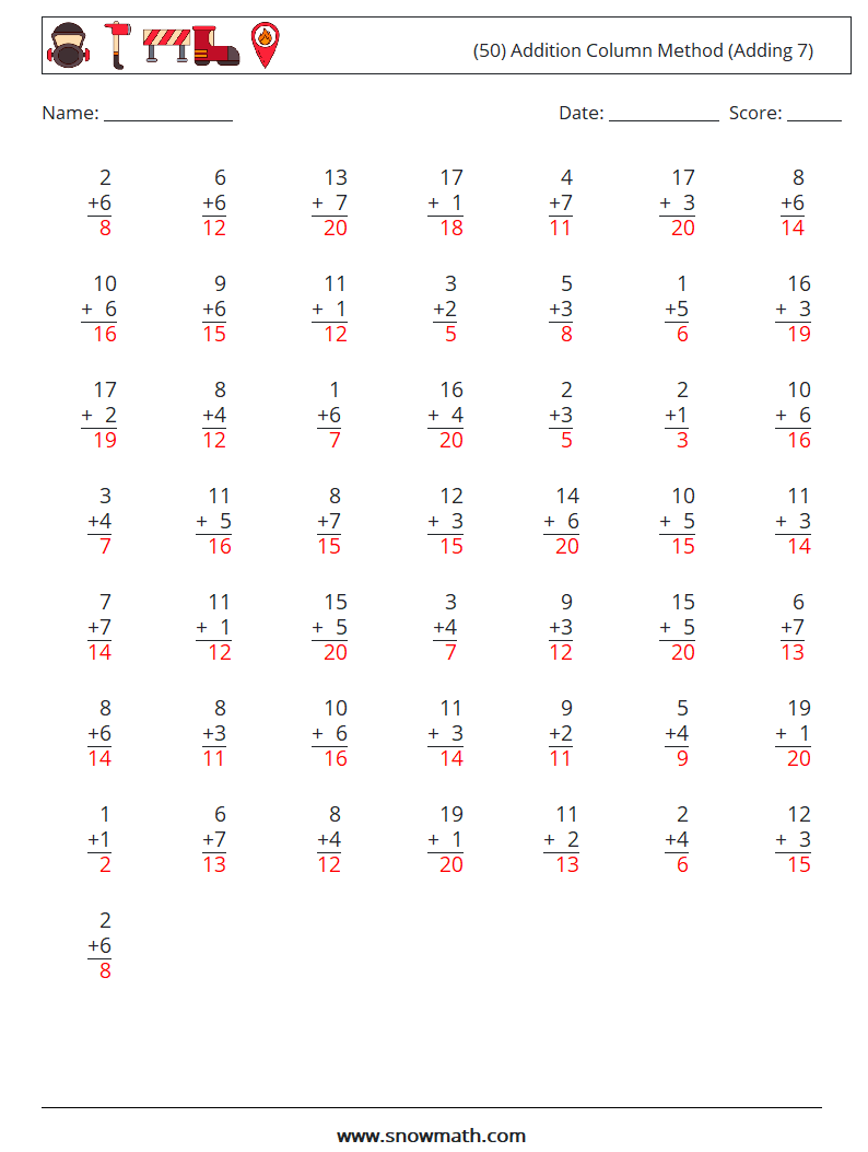 (50) Addition Column Method (Adding 7) Math Worksheets 6 Question, Answer