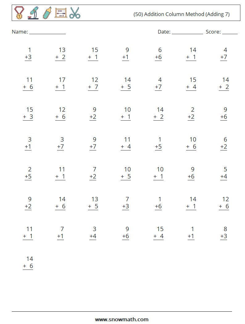 (50) Addition Column Method (Adding 7) Math Worksheets 7