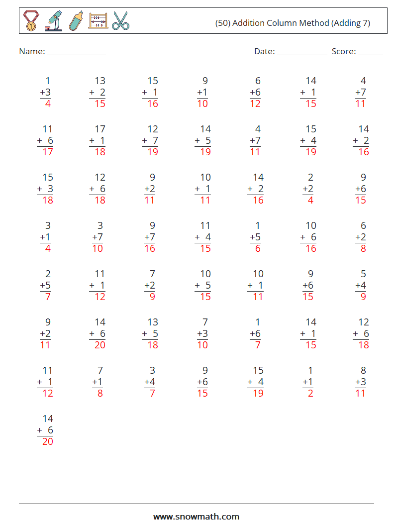 (50) Addition Column Method (Adding 7) Math Worksheets 7 Question, Answer