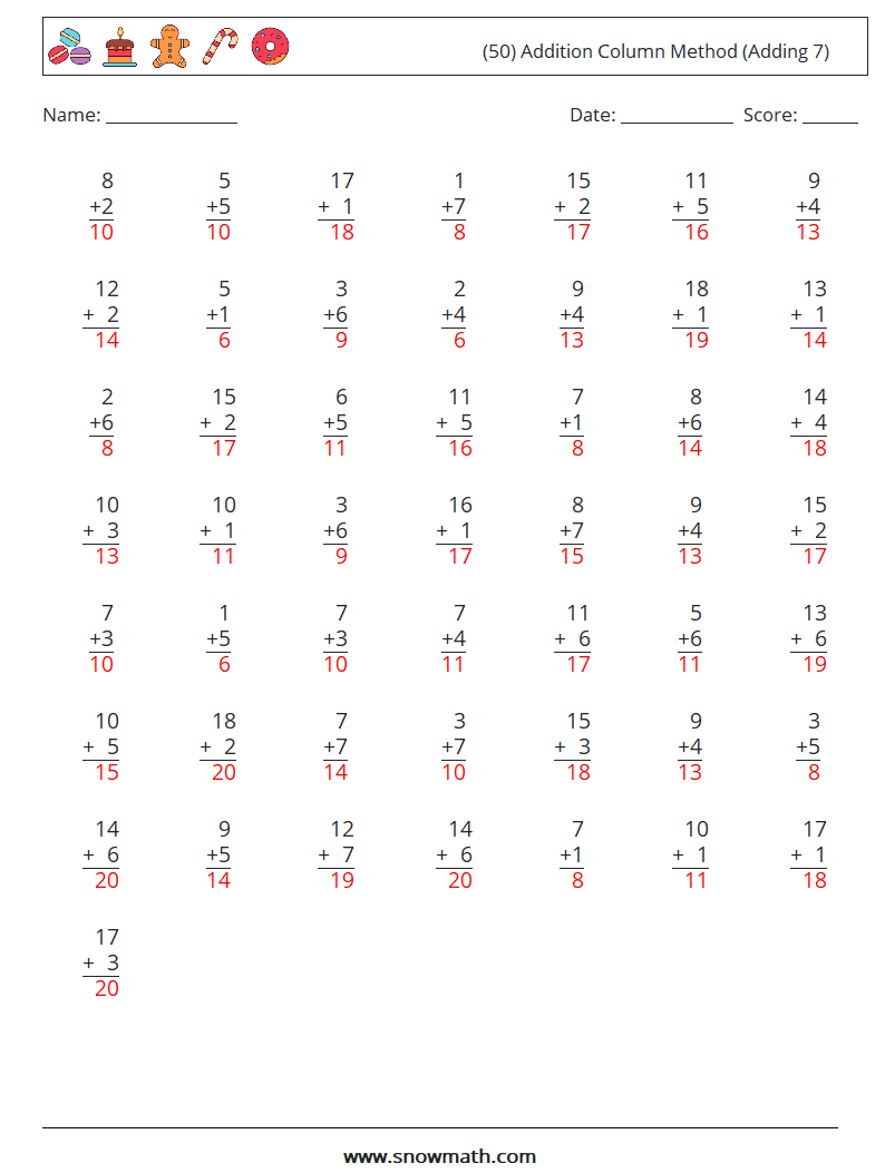 (50) Addition Column Method (Adding 7) Math Worksheets 8 Question, Answer