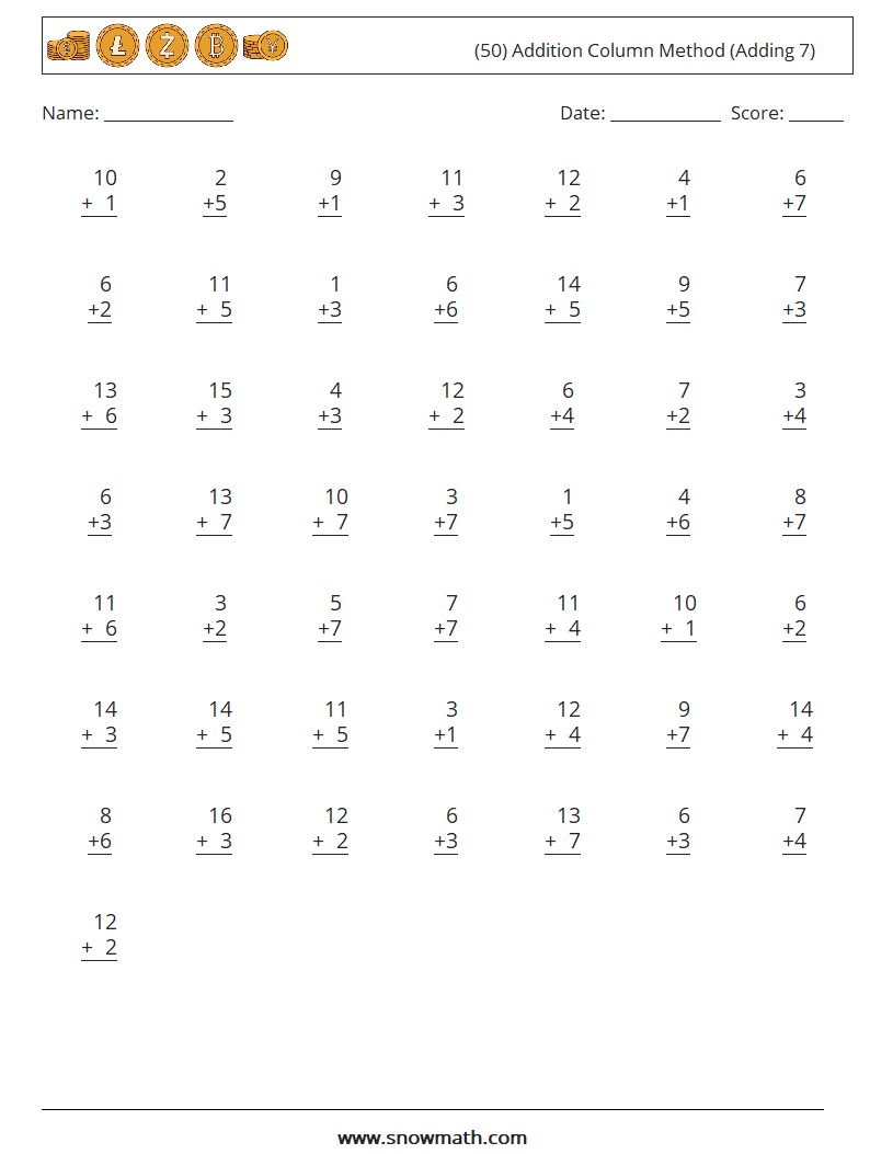 (50) Addition Column Method (Adding 7) Math Worksheets 9