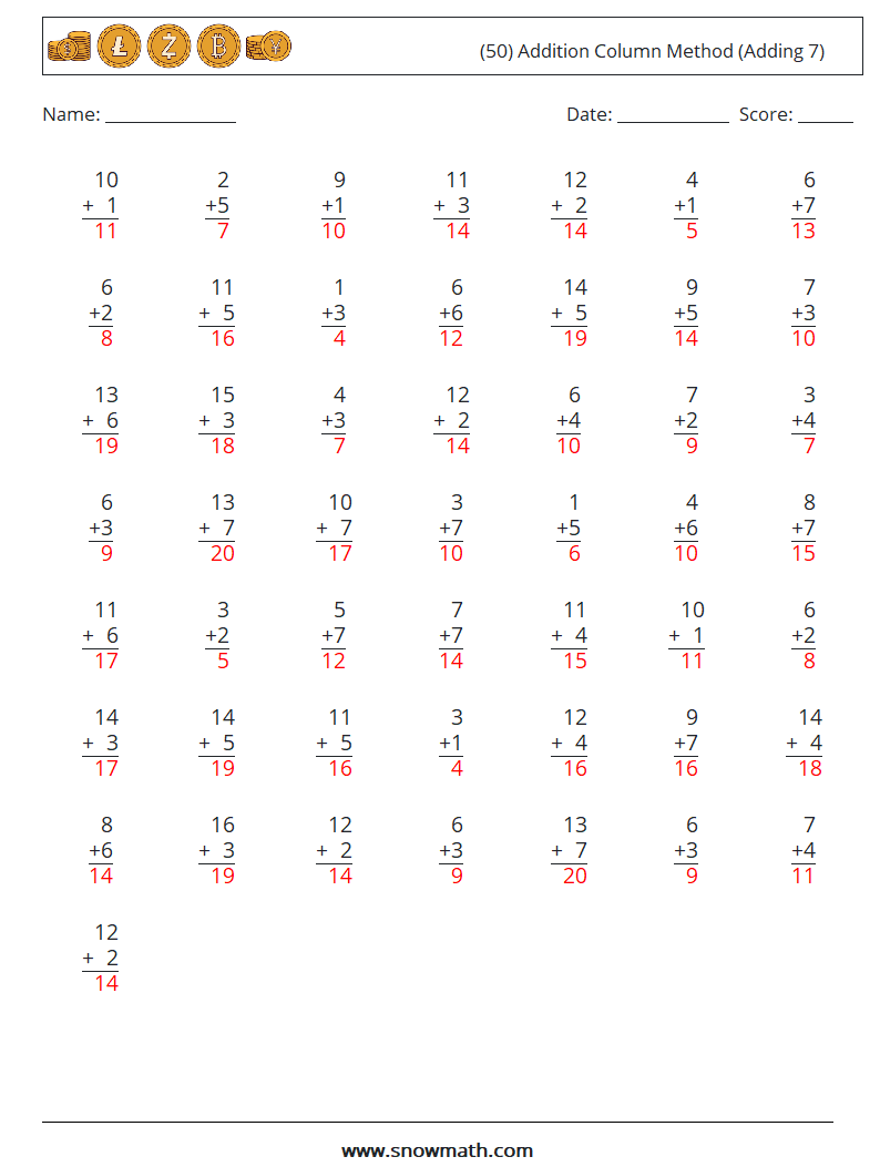 (50) Addition Column Method (Adding 7) Math Worksheets 9 Question, Answer