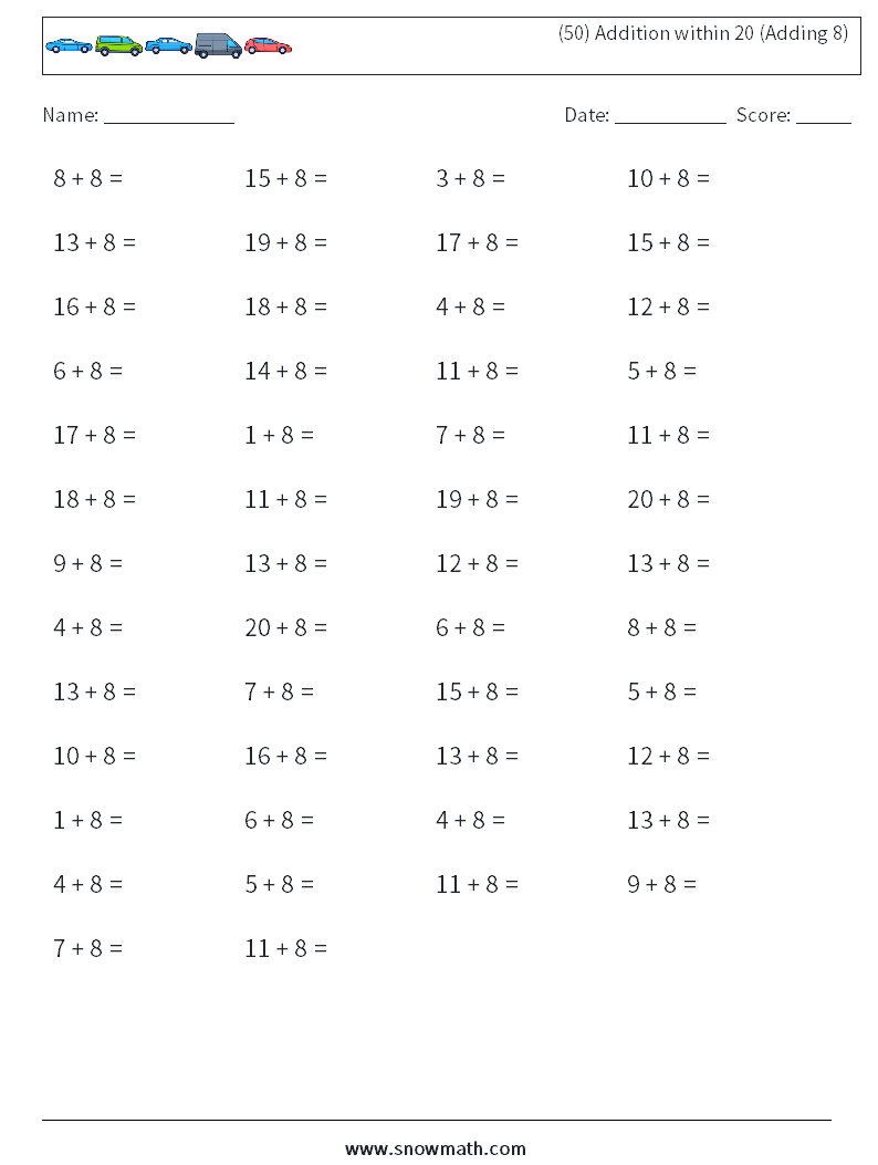 (50) Addition within 20 (Adding 8) Math Worksheets 1