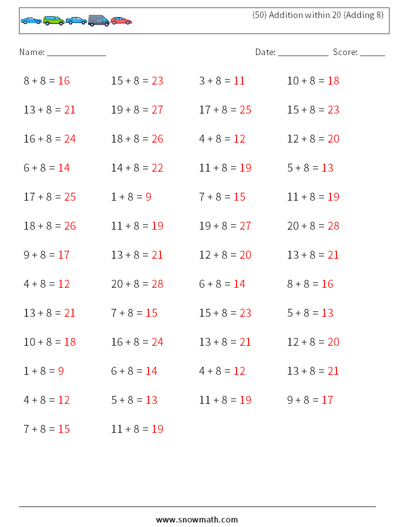 (50) Addition within 20 (Adding 8) Math Worksheets 1 Question, Answer