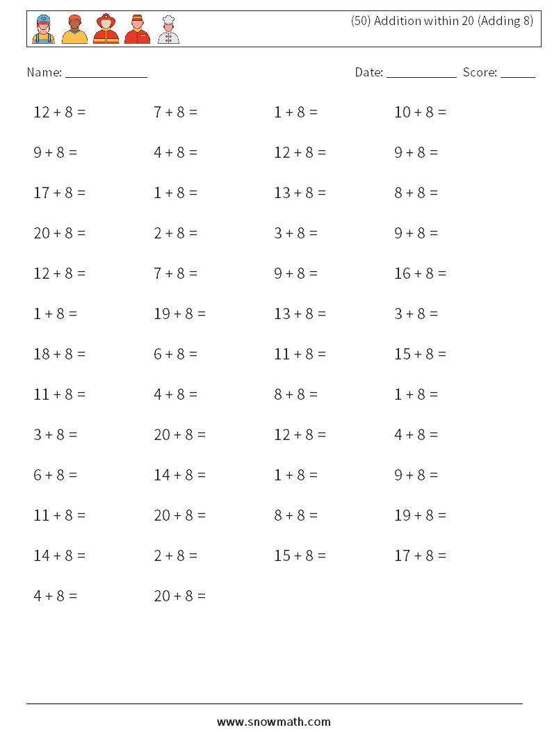 (50) Addition within 20 (Adding 8) Math Worksheets 2