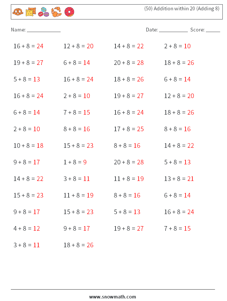 (50) Addition within 20 (Adding 8) Math Worksheets 3 Question, Answer