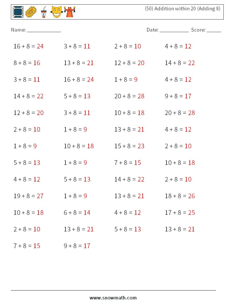 (50) Addition within 20 (Adding 8) Math Worksheets 4 Question, Answer