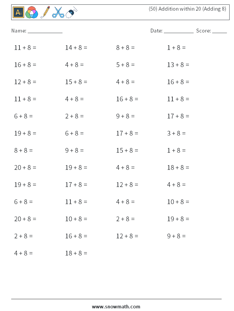 (50) Addition within 20 (Adding 8) Math Worksheets 5