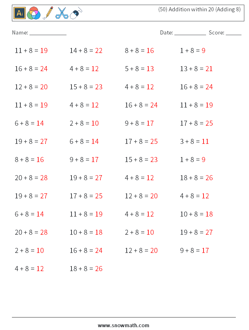 (50) Addition within 20 (Adding 8) Math Worksheets 5 Question, Answer