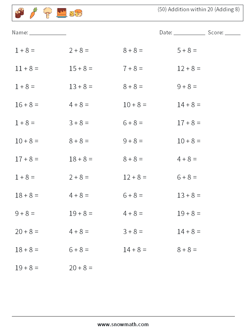 (50) Addition within 20 (Adding 8) Math Worksheets 6