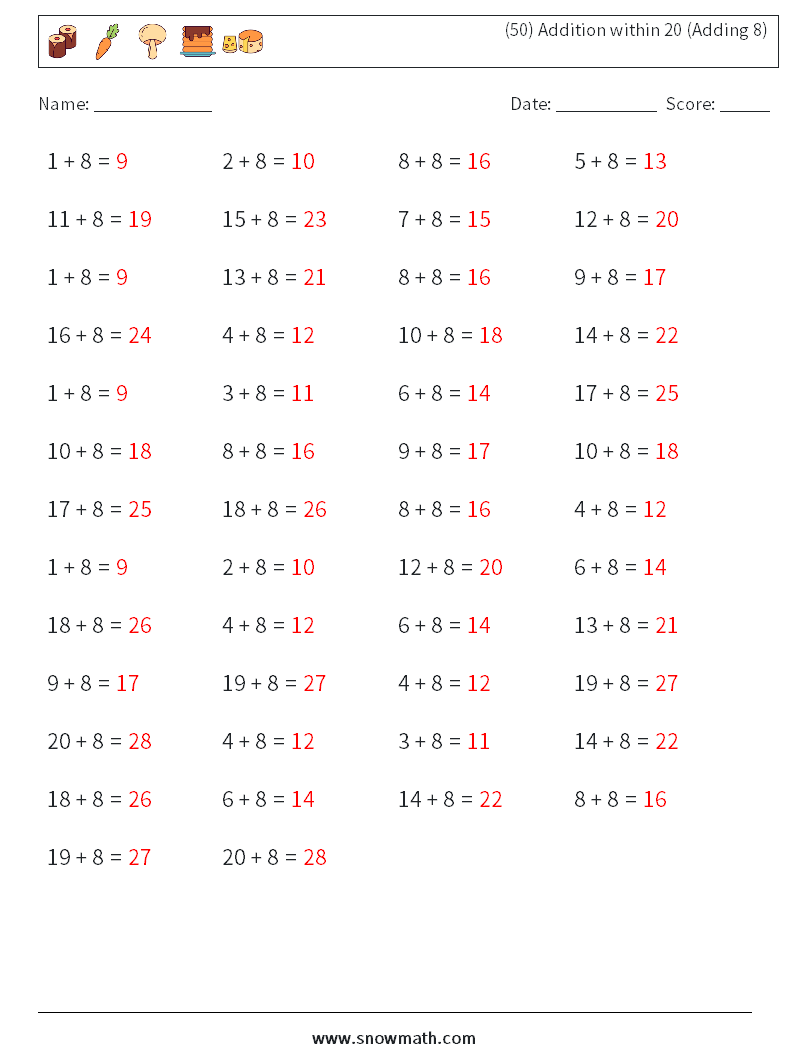 (50) Addition within 20 (Adding 8) Math Worksheets 6 Question, Answer