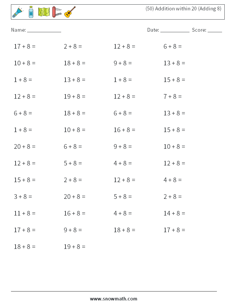(50) Addition within 20 (Adding 8) Math Worksheets 7