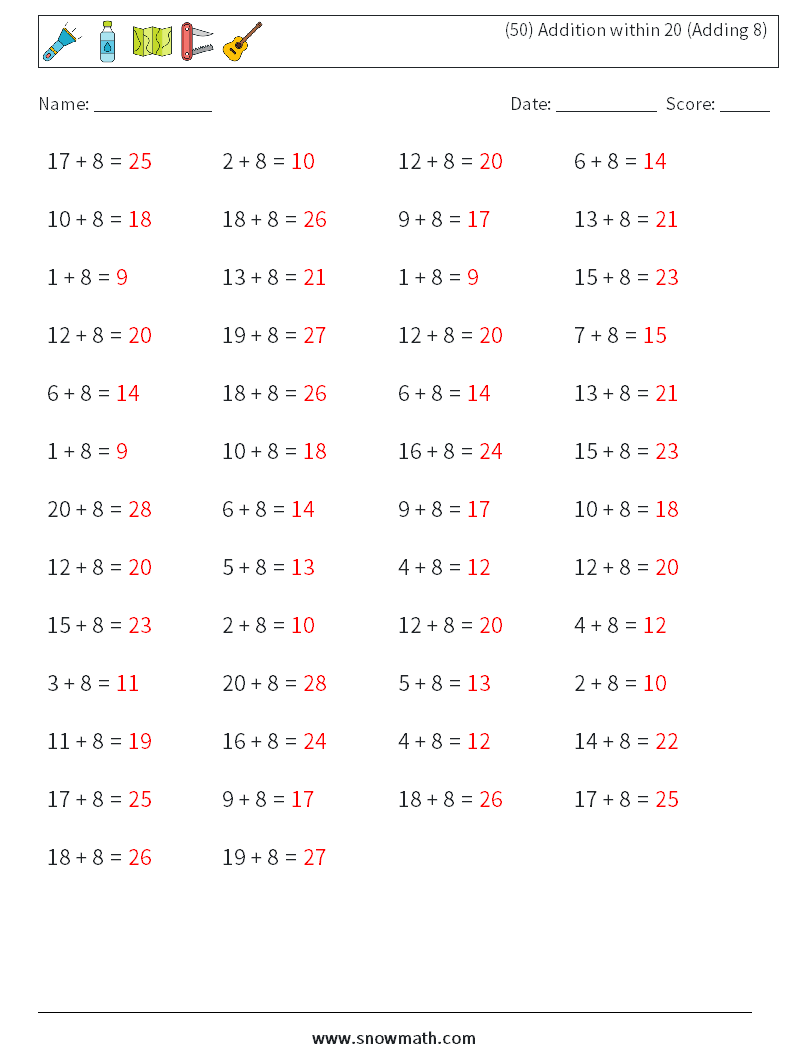 (50) Addition within 20 (Adding 8) Math Worksheets 7 Question, Answer