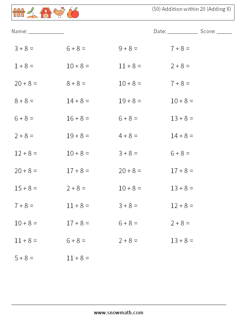 (50) Addition within 20 (Adding 8) Math Worksheets 8