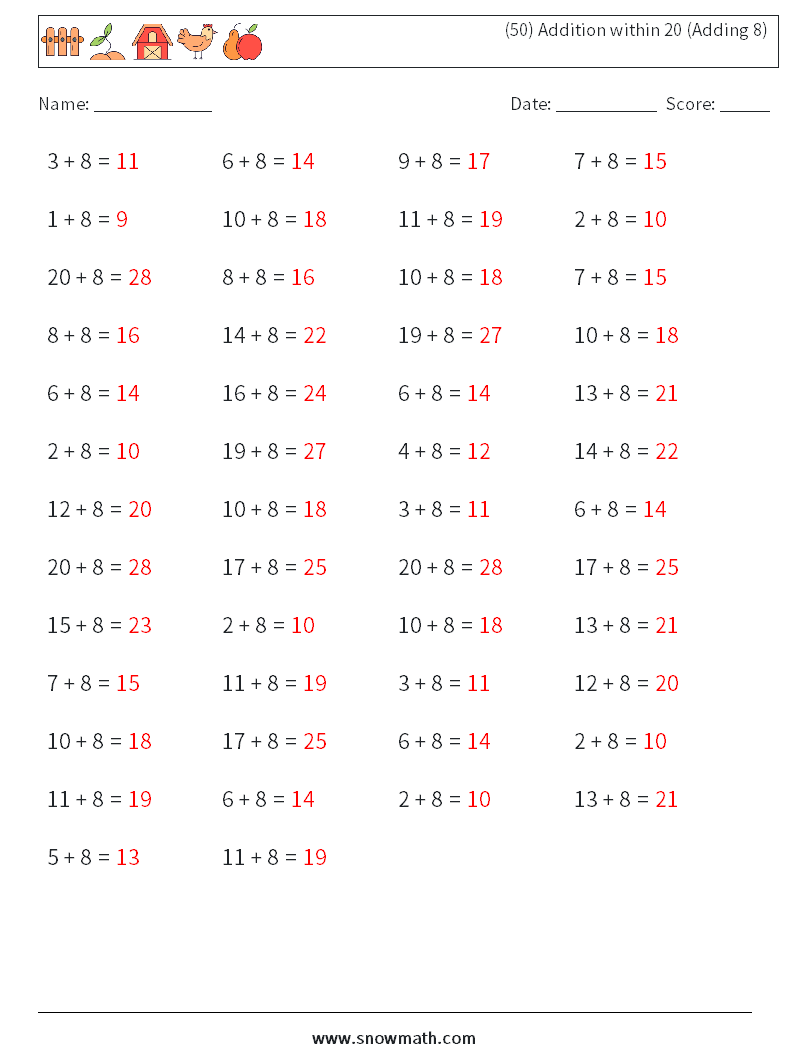 (50) Addition within 20 (Adding 8) Math Worksheets 8 Question, Answer