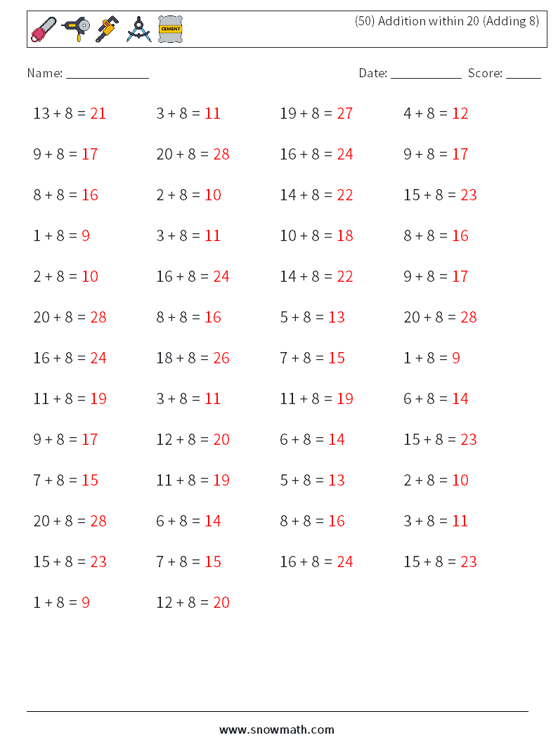 (50) Addition within 20 (Adding 8) Math Worksheets 9 Question, Answer