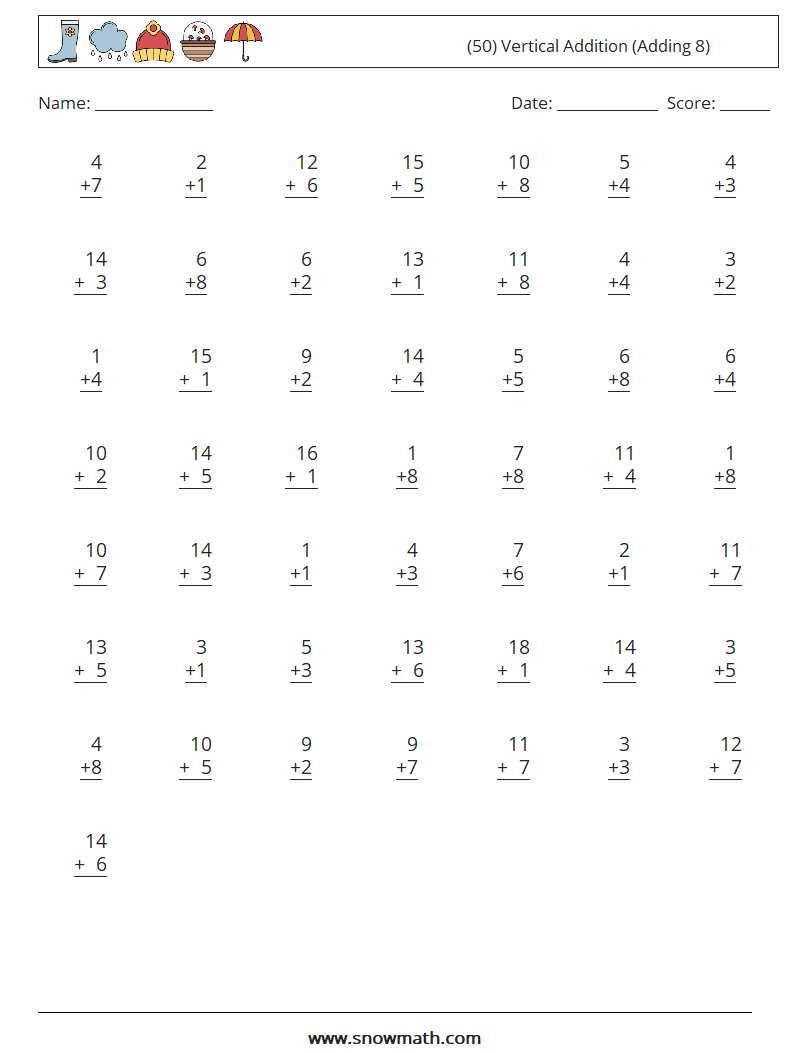 (50) Vertical  Addition (Adding 8) Math Worksheets 1