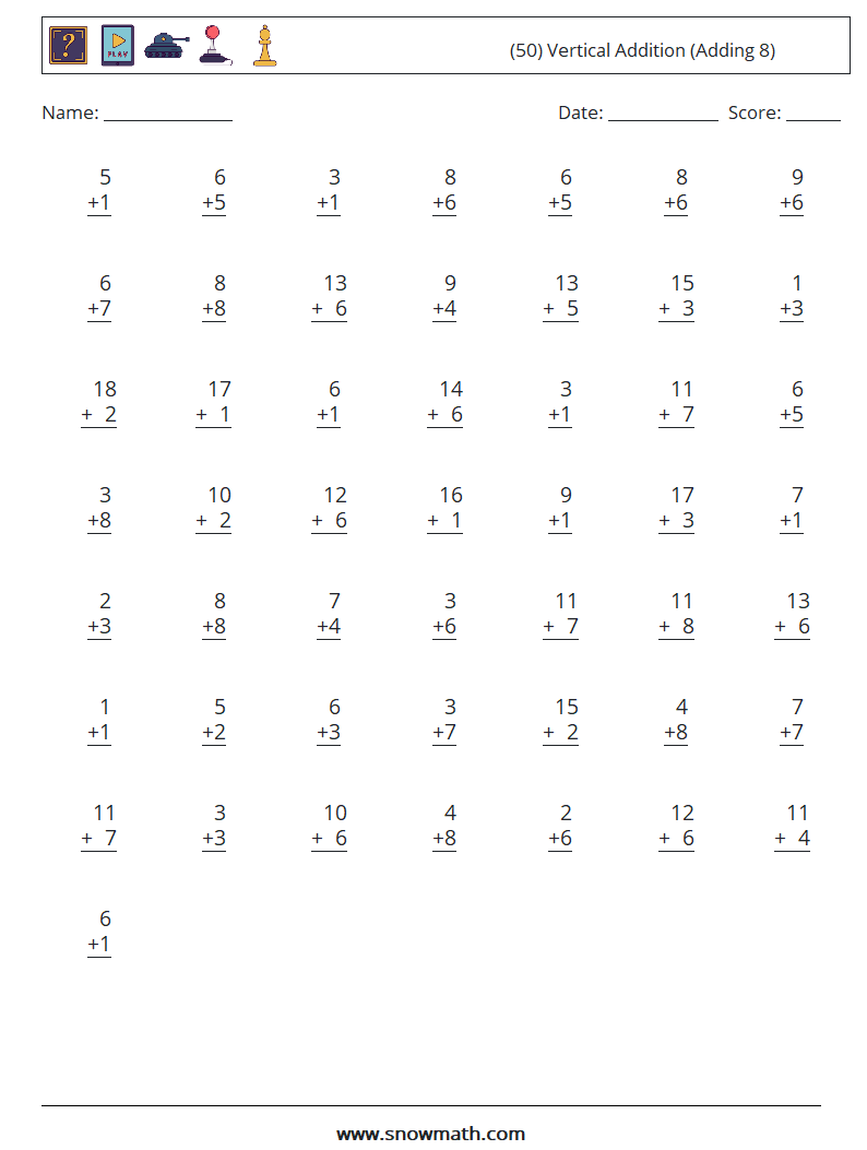 (50) Vertical  Addition (Adding 8) Math Worksheets 10