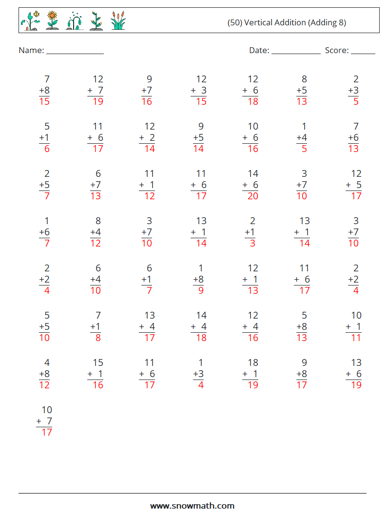 (50) Vertical  Addition (Adding 8) Math Worksheets 12 Question, Answer