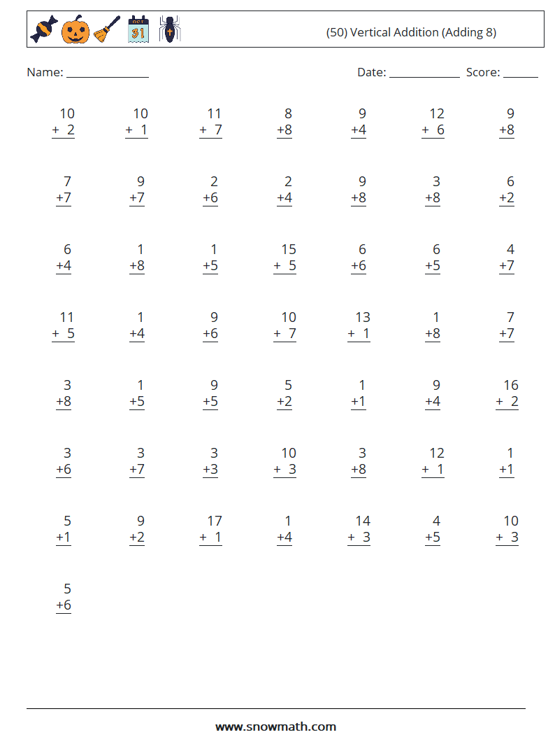 (50) Vertical  Addition (Adding 8) Math Worksheets 13